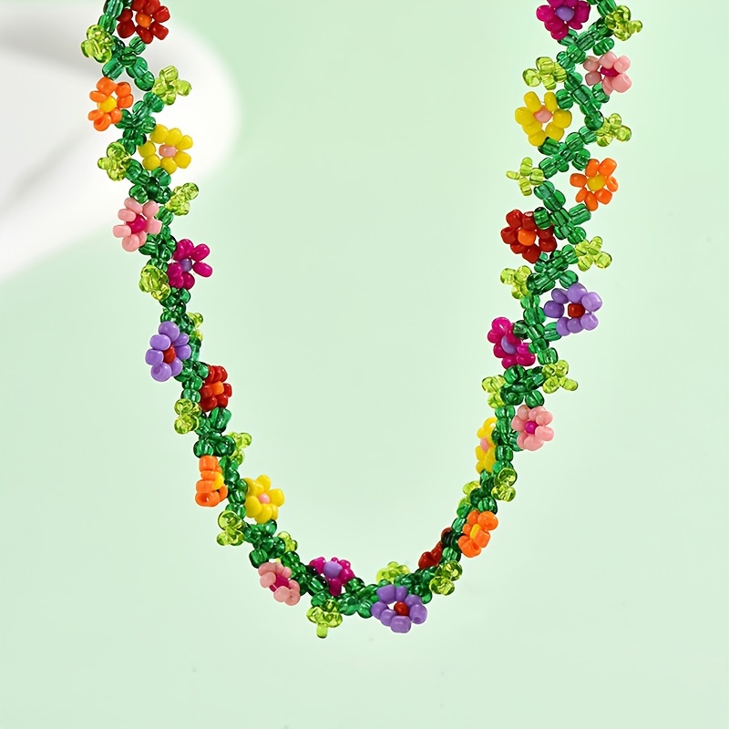 Bohemian Braided Beaded Colorful Flower Necklace